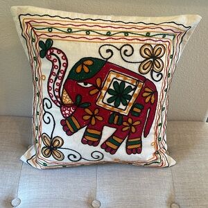 Colorful Elephant Embroidered Pillow Cover/ India made